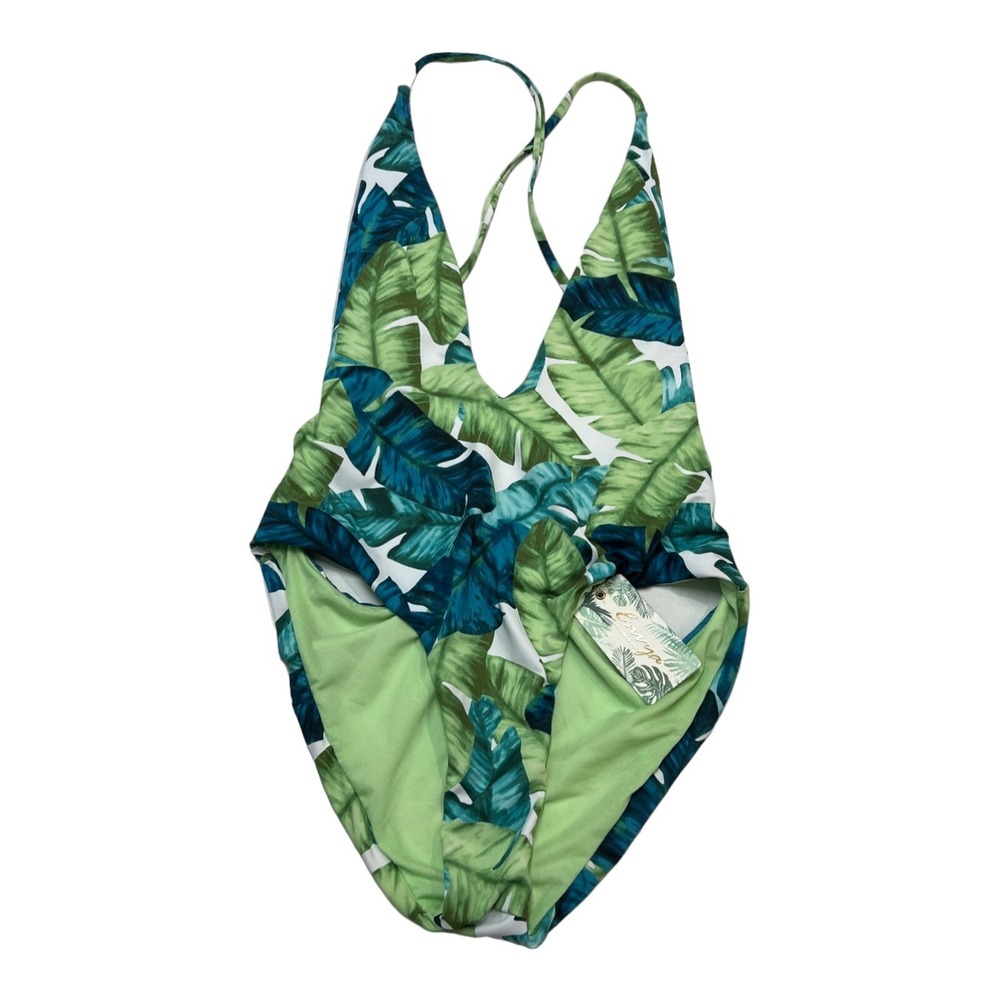 Envya‎ Swimsuit Green Tropical Strappy Low Back One Piece Size L Resort Beach